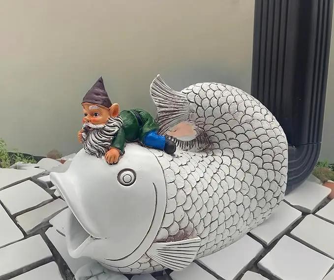 Gnome Fish Sculpture, Garden Animal Statue & Outdoor Decor, Eco-Friendly Resin Gutter Diverter Rain, Decorative Gutter Extension Downspout, Splash Block, Perfect for 3"x4" Downspouts by GreenHaven Gardens