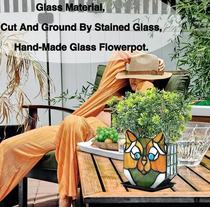 Cat Flower Pots for Indoor Plants,Stained Glass Cat Plant Displays,Cat Succulent Planter,Candle Holder Container Decoration,4.6x5.15x2.3 in (Without Succulents) by GreenHaven Gardens