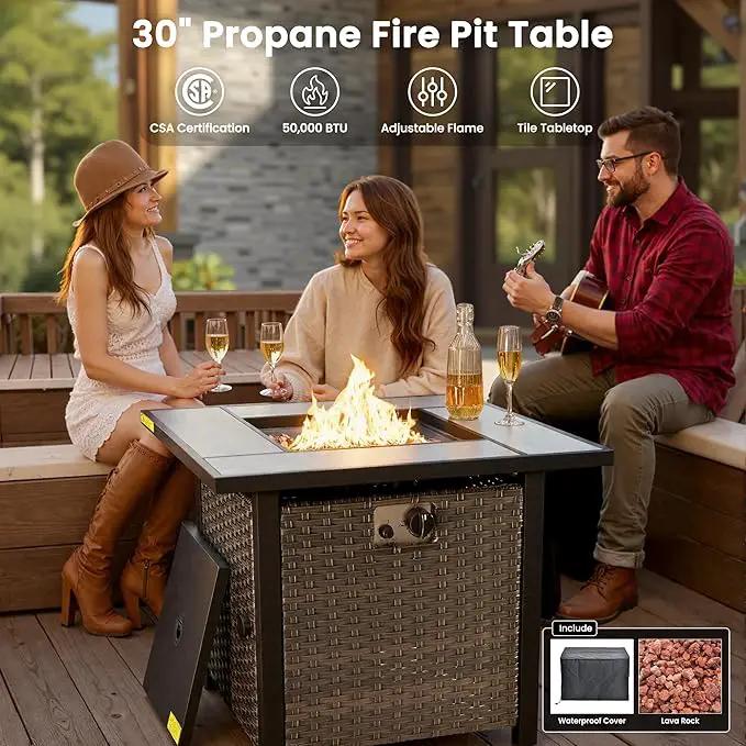 ovios 6 Pieces Patio Furniture Set with 30" Fire Pit Table, Outdoor Wicker Sofa with Ottomans, Comfy Cushions, High Back Couch Conversation Set, Brown Rattan, Navy Blue by GreenHaven Gardens