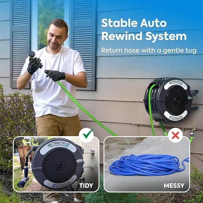 Macnaught Retractable Garden Hose Reel, 60 Ft Water Hose Reel Heavy Duty Retractable Hose with Metal 180° Swivel Rotation Bracket for Wall Mount - Gray by GreenHaven Gardens