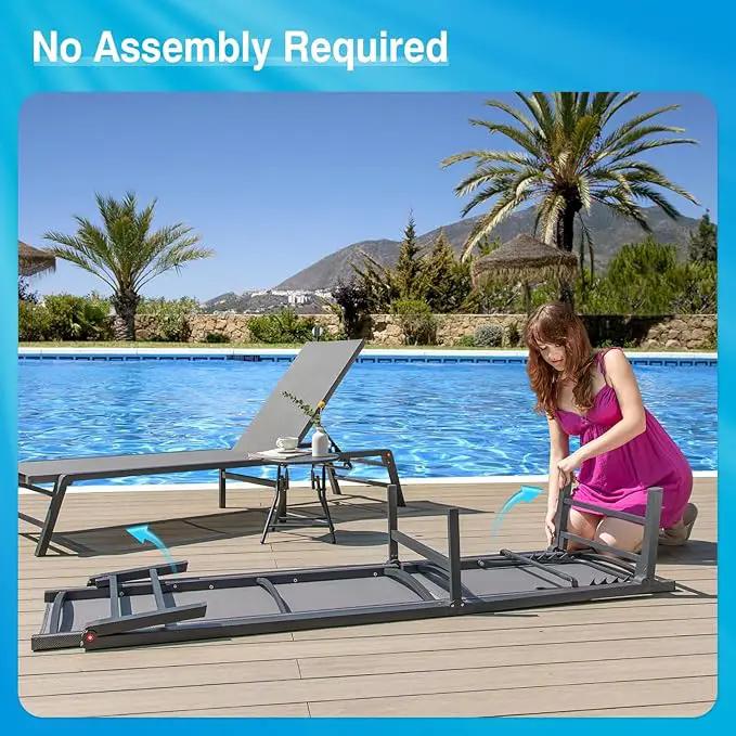 Aluminum Chaise Lounge Chair Outdoor, Foldable Patio Lounge Chair 2 Sets with Table Assemble-Free, Pool Lounge Chairs with 5 Adjustable Backrest, Outdoor Lounge Chairs for Outside Poolside Beige by GreenHaven Gardens