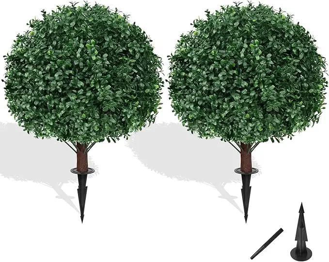 Artificial Boxwood Topiary Ball Tree with Ground Spike, Set of 2 Artificial Shrub Bushes, Fake Evergreen Tree for Porch, Artificial Plants for Outdoor Planters Indoor UV Resistant by GreenHaven Gardens