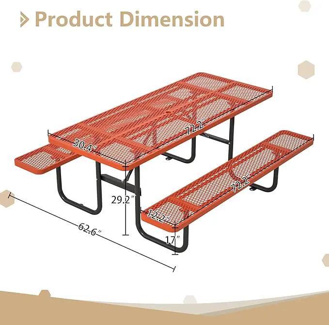 72'' Steel Rectangular Picnic Table for Outdoors, Expanded, Lifetime Picnic Table with Umbrella Hole, Heavy Duty Sturdy Commercial Picnic Tables for Garden Courtyard BBQ, Orange by GreenHaven Gardens