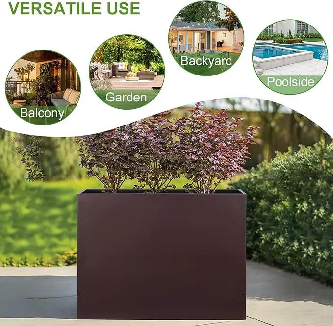 Metal Rectangular Planter Box Tall Planters for Outdoor Plants Modern Heavy Duty with Drainage Holes for Outside Indoor Patio Deck - Brown, 32”x 12”x 24” by GreenHaven Gardens