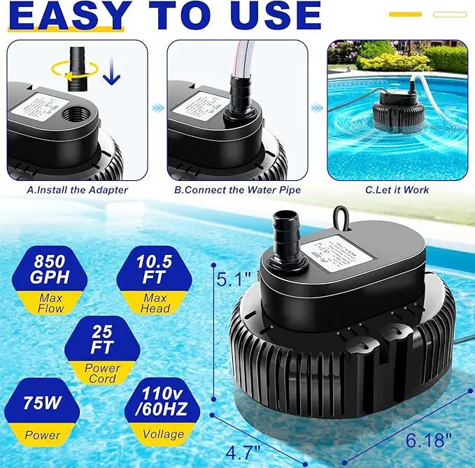 Pool Cover Pump above Ground-Submersible Sump Pump Swimming Water Removal Pumps, Sump Pump for Pool Draining with 16ft Drainage Hose & 25 ft Extra Long Power Cord,850 GPH,3 Adapters-Black by GreenHaven Gardens