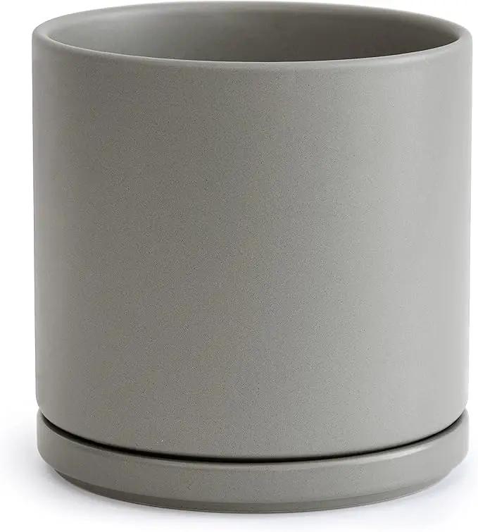 D'vine Dev 10 Inch Ceramic Planter Pot with Drainage Hole and Saucer, Indoor Cylinder Round Planter Pot, Grey, 94-O-E-3 by GreenHaven Gardens
