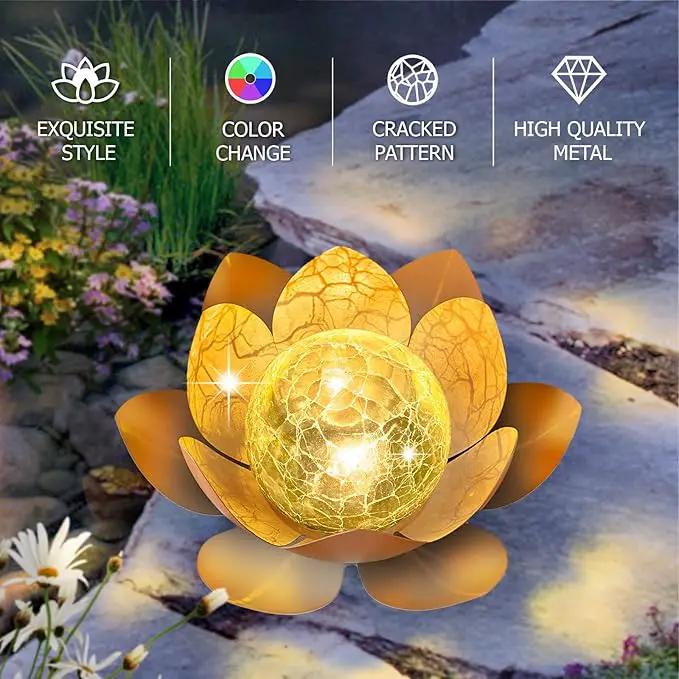 Huaxu Solar Lights Outdoor Garden Decoration Crackle Globe Glass Waterproof LED Metal Peach Lotus Flowers Gift for Mom,Women,Patio,Lawn,Walkway,Tabletop,Ground by GreenHaven Gardens