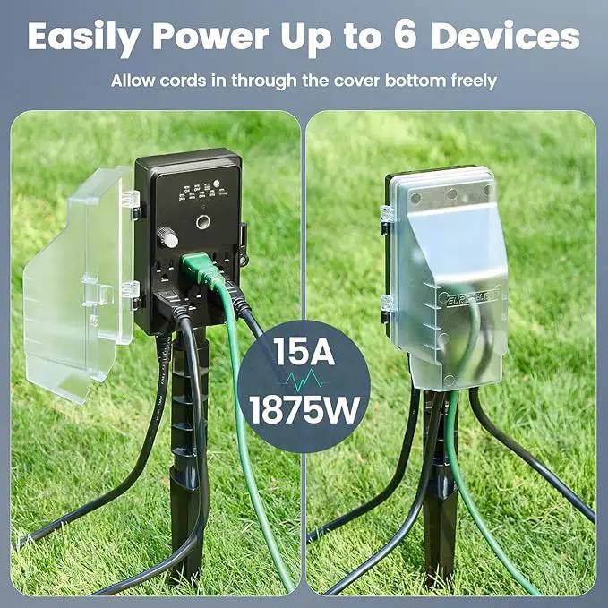 SURAIELEC Outdoor Power Stake, Dusk to Dawn Light Timer, 15FT Extension Cord Multiple Outlet; 6 Electrical Outlet Power Strip Weatherproof, for Patio Lights, Sprinkler, Garden, Christmas Decorations by GreenHaven Gardens