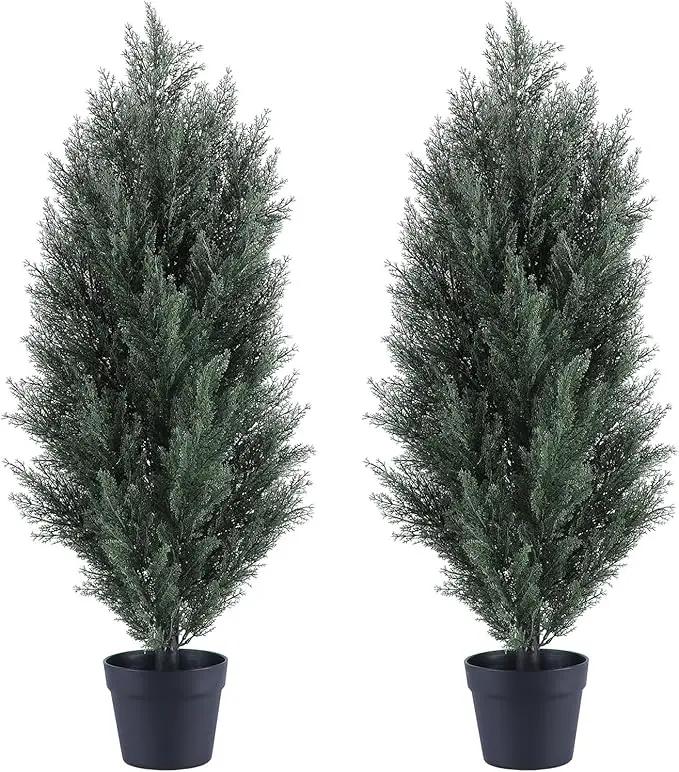 THE BLOOM TIMES 3ft Topiary Trees Artificial Outdoor 2 Pack – UV Resistant Faux Cedar Pine Cypress Bushes and Shrubs, Fake Potted Plants for Front Porch Outside Planter Patio Decor, Set of 2 (3 Foot) by GreenHaven Gardens