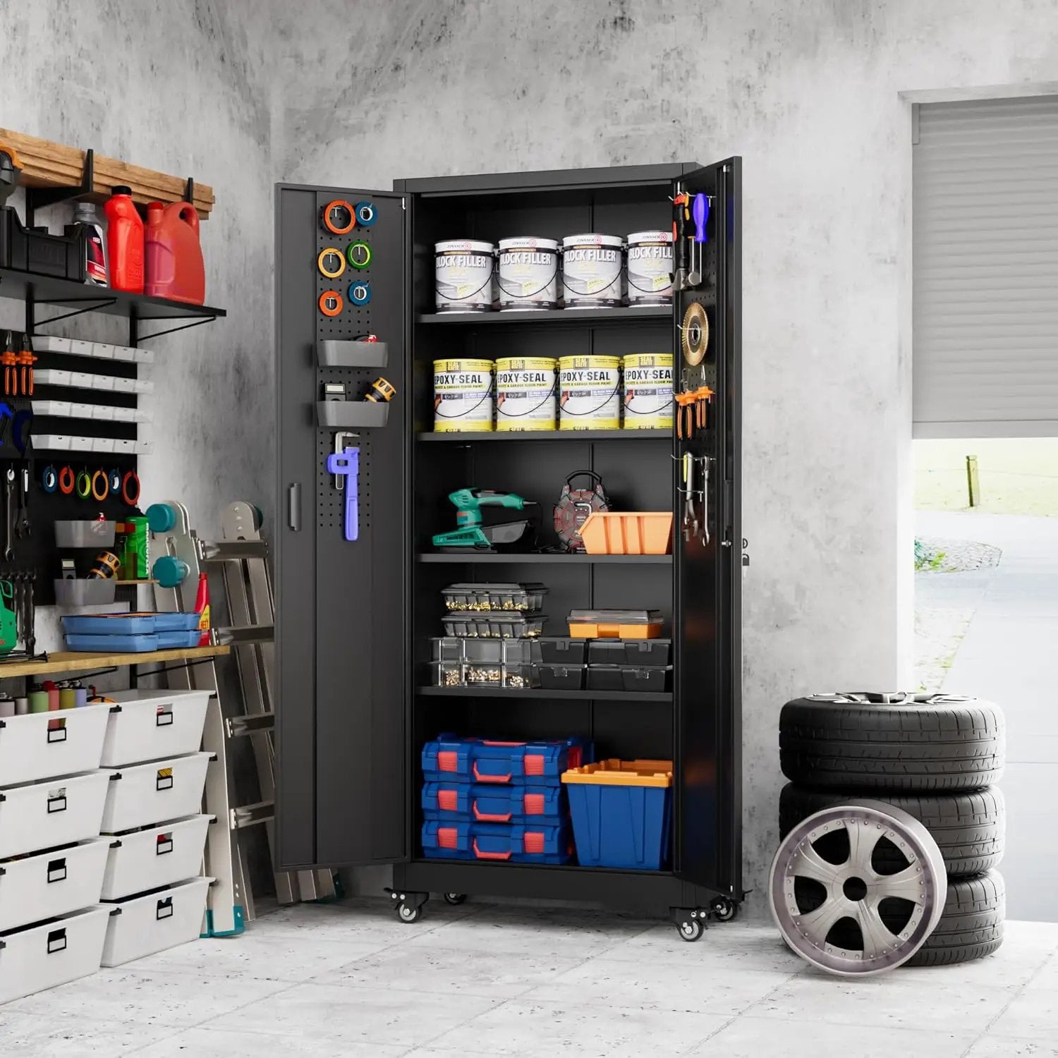 73" H Metal Garage Storage Cabinet with Wheels & Pegboard,Rolling Tool Cabinet with 2 Doors and 4 Shelves for Garage,Home,Office,Warehouse,Workshop, Required-Assembly,Black by GreenHaven Gardens