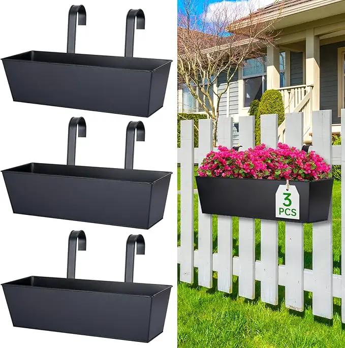 OGIMA 16-Inch Railing Planter Box, 3 Pack Large Hanging Planters for Outdoor Plants with Adjustable Wide Hooks for 2.7'' Railings - Balcony Planters Railing Hanging for Deck, Fence & Patio Decor by GreenHaven Gardens