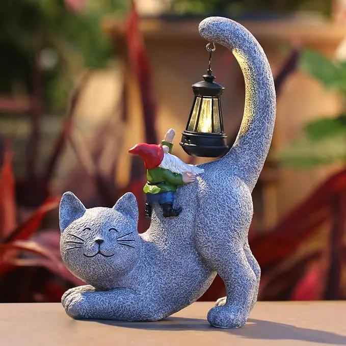 Cat Statue Garden Decor with Funny Gnome Figurine & Solar Lantern, Motherday Gifts for Mom,Birthday Gift for Women,Cat Statues for Garden,Patio,Yard Decoration, Gray, SR-C-003 by GreenHaven Gardens