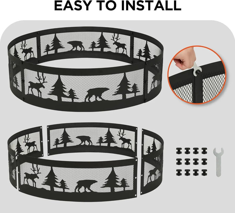 Red Mountain Valley 36 Inch Fire Pit Ring with 360° Forest & Wildlife Design, Portable Steel Wood Burning Firepit Ring for Outdoor Camping, Bonfires, Beach,Patio, fire Pit kit, Black by GreenHaven Gardens