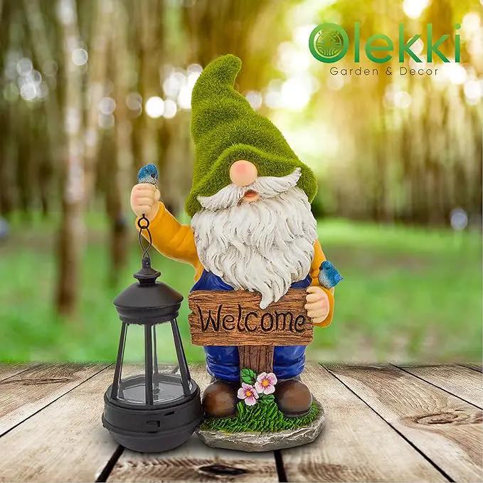Garden Gnomes Outdoor - Flocked Gnome Statue Holding Lantern with Solar LED Lights | Gnomes Garden Decorations for Patio, Yard, Lawn Ornaments - Gnome Gifts by GreenHaven Gardens
