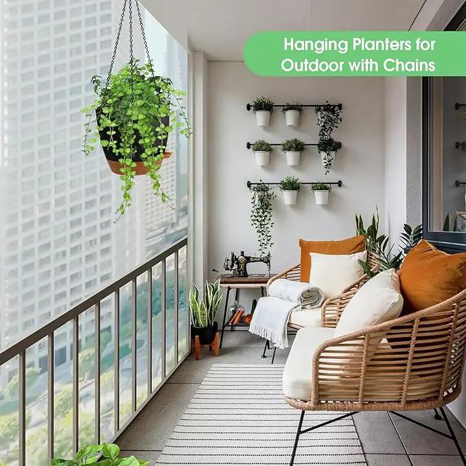 Hanging Planters for Indoor Outdoor Plants, 2 Pack Self Watering Hanging Pot with Drainage Holes, Removable Tray & 2 Kinds of Plant Hangers, 8'' Hanging Flower Pots for Home Garden Decor, Black by GreenHaven Gardens