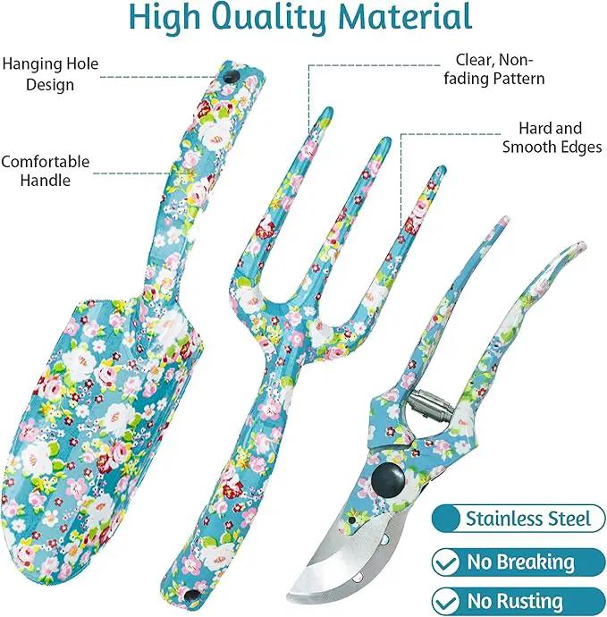 Garden Tool Set Gardening Hand Tools Kit, Floral Sturdy Garden Gifts, 4 PCS Heavy Duty Shovel Kit Including Trowel, Sharp Pruner, Hand Rake, and Mat (Blue Set) by GreenHaven Gardens