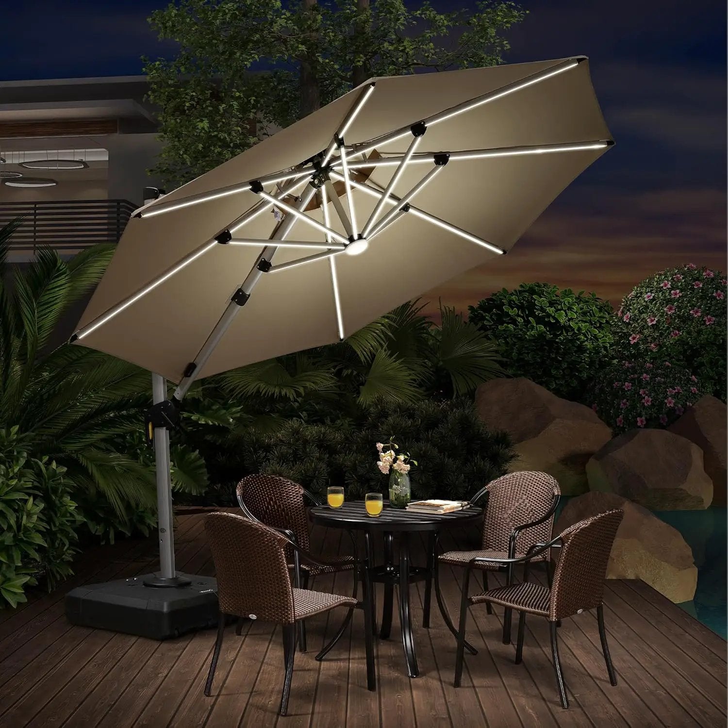 PURPLE LEAF 10ft Patio Umbrella With Base Solar powered LED Cantilever Umbrella with LED lights Windproof Outdoor Offset Umbrella for Garden Deck Pool Patio, Beige by GreenHaven Gardens