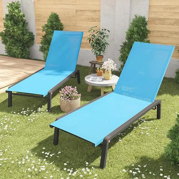 Patio Chaise Lounge Set of 2 with 4 Adjustable Backrest, Foldable Aluminum Chaise Lounge Chair Recliner for Outdoor, Poolside, Sun Tanning Blue by GreenHaven Gardens