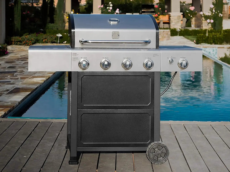 Kenmore 4-Burner Gas Grill with Side Burner, Outdoor BBQ Grill, Propane Gas Grill, Cast Iron Cooking Grates, Electronic Ignition, Warming Rack, Open Cart Design, 53000 BTUs, Stainless Steel and Black by GreenHaven Gardens