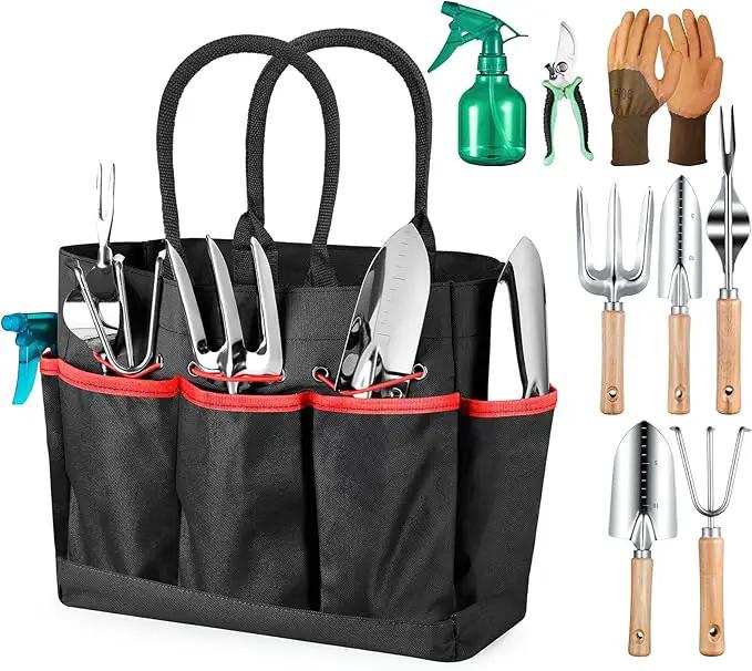 Gardening Tools 9-Piece Heavy Duty Gardening Hand Tools with Fashion and Durable Garden Tools Organizer Handbag,Rust-Proof Garden Tool Set, Ideal Gardening Gifts for Women (Black Red) by GreenHaven Gardens