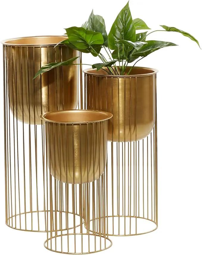 Deco 79 Metal Indoor Outdoor Planter Deep Recessed Dome Large Planter Pot with Elevated Caged Stand, Set of 3 Planters 24", 20", 16"H, Gold by GreenHaven Gardens