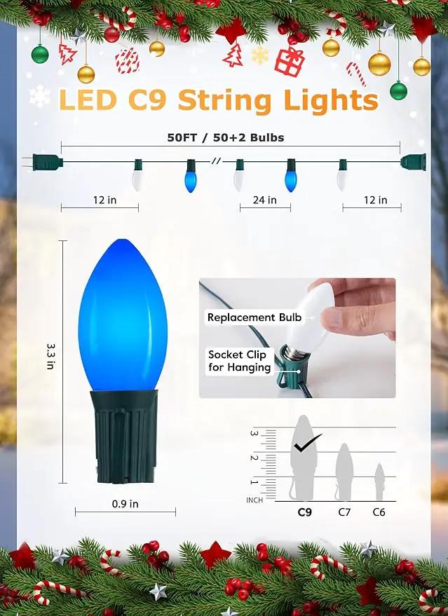 C9 LED Christmas Lights Outdoor, 50 Feet C9 String Lights with 50 Shatterproof Matte Bulbs, Connectable Waterproof Christmas Tree Lights for Holiday Roofline Backyard Garden Decor, Blue & Pure White by GreenHaven Gardens