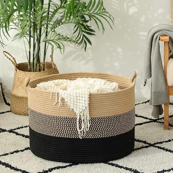 KAKAMAY Large Blanket Basket (20"x13"),Woven Rope Baskets for storage Baby Laundry Hamper, Cotton Rope Blanket Basket for Living Room, Laundry, Nursery, Pillows,Baby Toy chest (Jute/Black) by GreenHaven Gardens