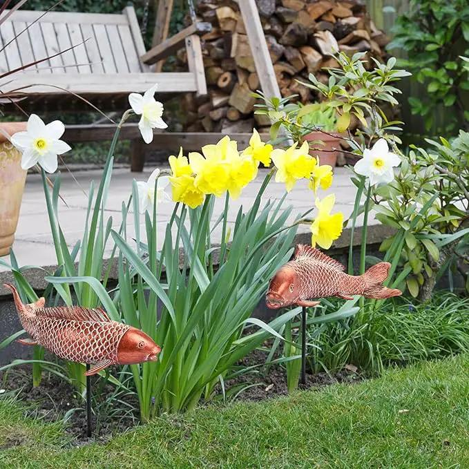 Koi Fish Decor Garden Sculptures & Statues, Outdoor Antique Copper Fish Statues Pond Zen Garden Decor Patio Backyard Lawn Porch Yard Art Decoration, Best Gift for Mother's Day, Set of 2, Large by GreenHaven Gardens