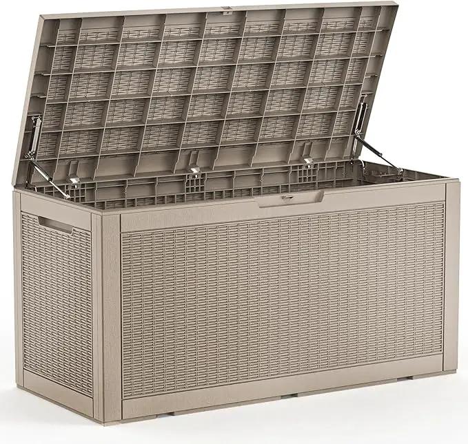 100 Gallon Waterproof Outdoor Storage Box,Resin Deck Box,Lockable Outside Storage Box Container for Patio Furniure,Garden,Pool Tools (100 Gallon,Grey pattern) by GreenHaven Gardens