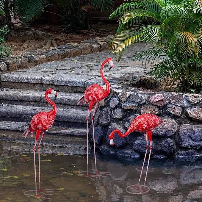 3Pcs Metal Flamingo Statues, Hot Pink Flamingo Outdoor Decor for Garden Home Patio Lawn Backyard Ornaments by GreenHaven Gardens