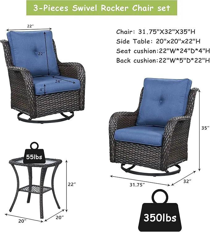 Outdoor Patio Swivel Rocker Chairs - 3 Piece Patio Bistro Set,Wicker Patio Furniture Set with 2 Swivel Rocking Chairs and 1 Glass Top Side Table for Deck Porch Garden,Brown/Blue by GreenHaven Gardens