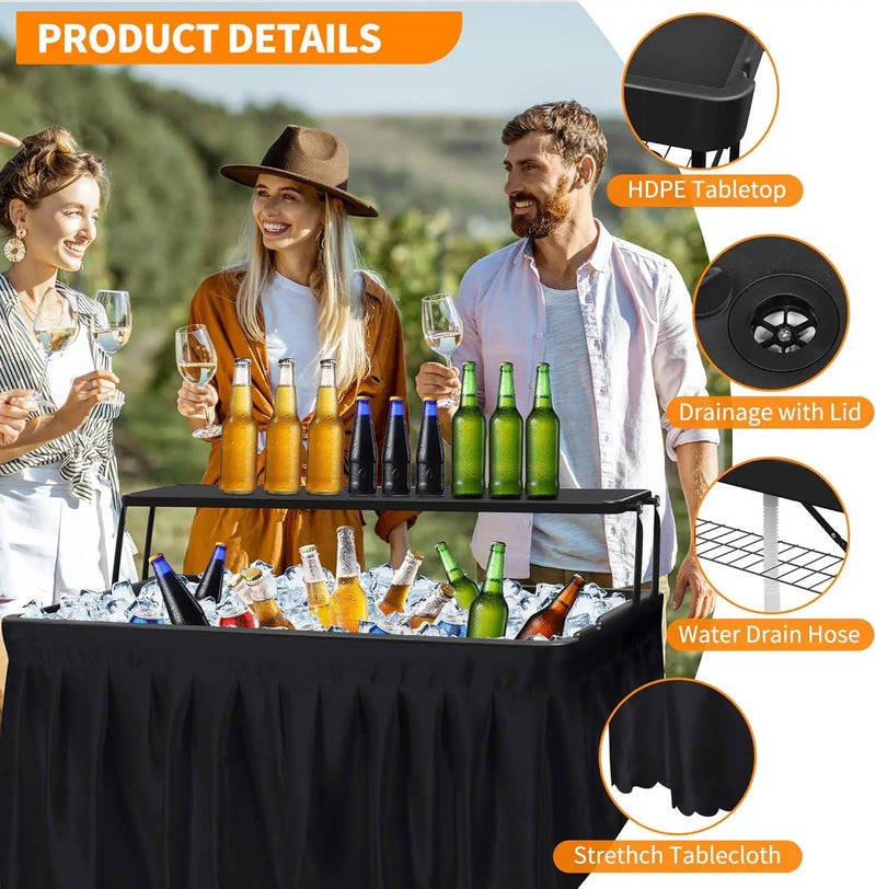 Portable Folding Ice Cooler Table - Two-Tier Outdoor Cooler Table with Removable Matching Skirt and Shelf, Ice Tables for Party, Camping, Picnic, Foldable Self-Serving Beverage Cooling Bar(Black) by GreenHaven Gardens