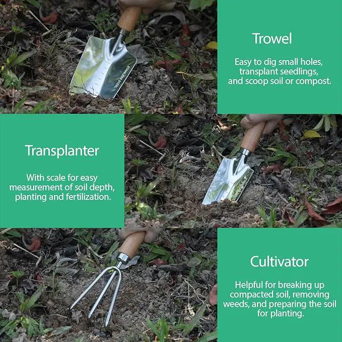 LeMotech Garden Tool Set, 3Pcs Stainless Steel Heavy Duty Gardening Kit Including Trowel Transplanter Cultivator Gardening Hand Tools with Beech Handle, Planting Tool for Women Men by GreenHaven Gardens