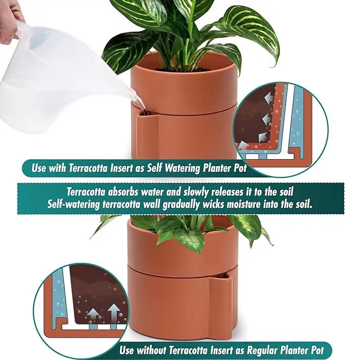 8 Inch Self-Watering Planter Pot with Terracotta Insert, Deep Water Reservoir, and Ceramic-Alike BPA-Free Plastic Planter Pot for Plant, Modern Planter for Houseplants, Terracotta, 53-A-T-3 by GreenHaven Gardens
