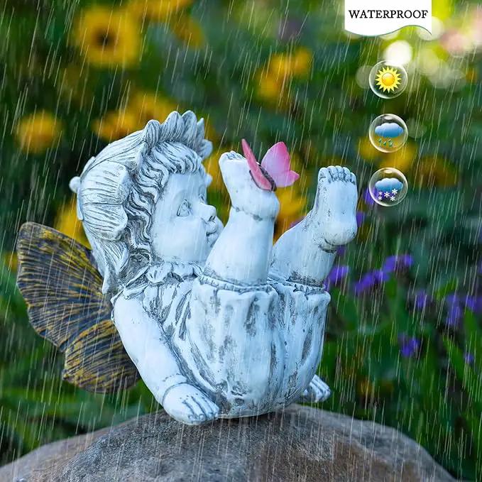 Garden Fairy Outdoor Solar Decor, Resin Ornaments for Patio Lawn Yard Porch, Playful Garden Flower Fairy Statues for Outside Angel Gifts, 7.91 Inches Tall