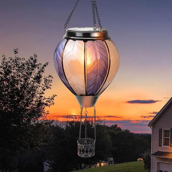 pearlstar Hot Air Balloon Solar Lantern with Flickering Flame Light Outdoor Solar Hanging Lights Waterproof for Garden Yard Farmhouse Outside Decoration,Stained Glass Blue and White by GreenHaven Gardens