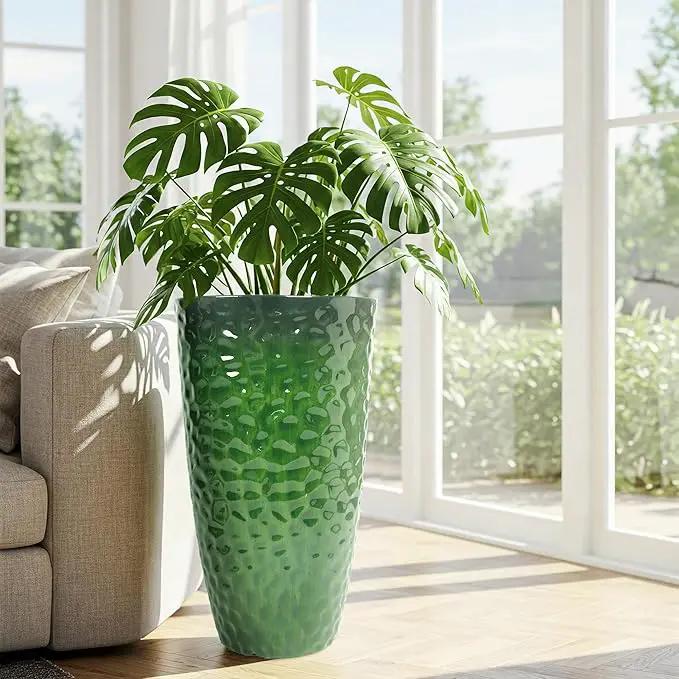 Worth Garden 14" Dia x 24" H Large Plastic Planters with Drainage Hole, Set of 2 Hammered Texture Green Glossy Smooth Finish, Tall Round Decorative Flower Plant Pot for Indoor Outdoor, Front Porch by GreenHaven Gardens