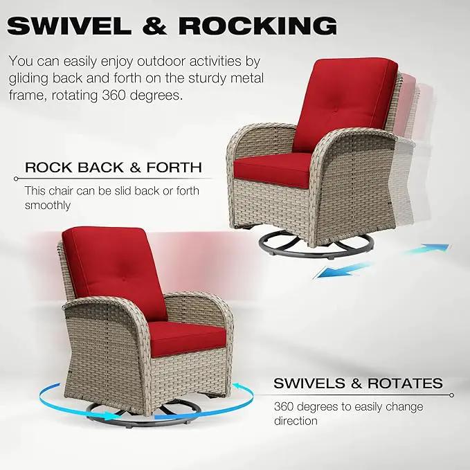 Joyside Outdoor Swivel Rocker Chairs, 6 Piece Wicker Patio Set with Thick Cushion and Side Table, Rattan Patio Swivel Rocking Chairs for Porch, Deck Use (Natural/Red, 6 PCS) by GreenHaven Gardens