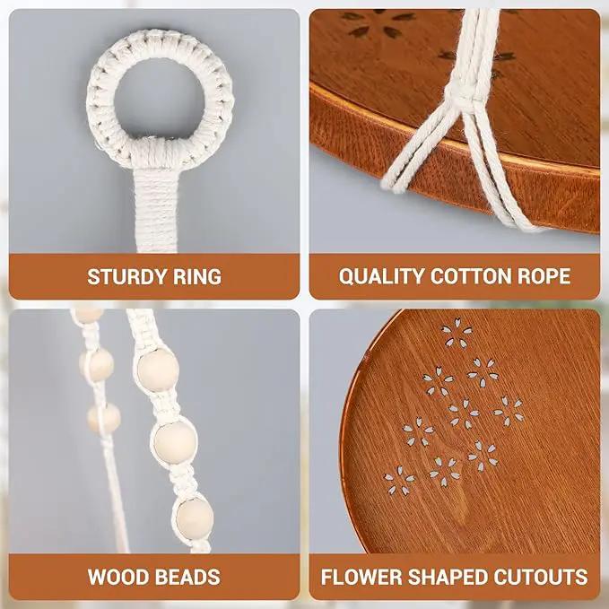 SUREAM Macrame Plant Shelf Hangers, Large Hanging Baskets for Plants with Flower CutOuts and Handmade Cotton, Indoor Outdoor Plant Hangers with Wood Tray for Garden Home Decor - No Plant/Pot Included by GreenHaven Gardens