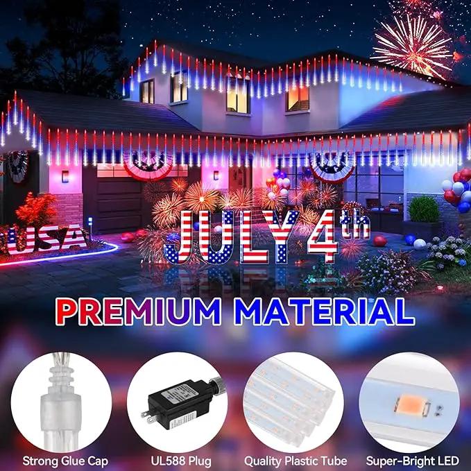 KNONEW 24 Tube Red White and Blue Meteor Shower Lights 4th of July Decorations,16 in 672 LEDs String Lights,52FT Plug in Waterproof Outdoor Lights for Independence Day House Tree Party Decor by GreenHaven Gardens