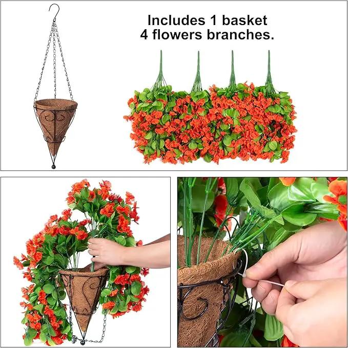 Artificial Hanging Flowers in 12 inch Basket, Fake Fall Plant Silk Orchid Flower Arrangement with Coconut Lining Pot Planter for Patio Garden Porch Deck Summer Autumn Decorationr(Orange) by GreenHaven Gardens