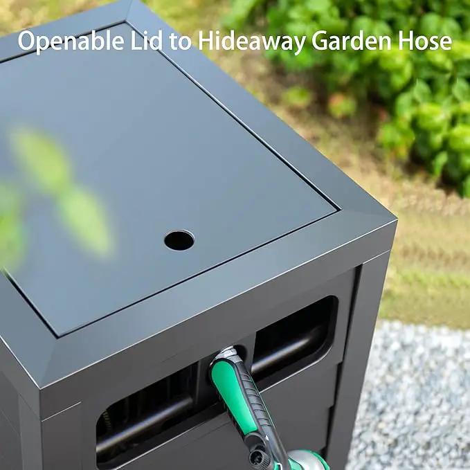 Metal Garden Hose Reel Deck box, Durable Steel Garden Hose Storage Box Cabinet, 150ft 5/8" Garden Hose Capacity. - Hose guide Manual Rewind, No-leak aluminum water connections by GreenHaven Gardens