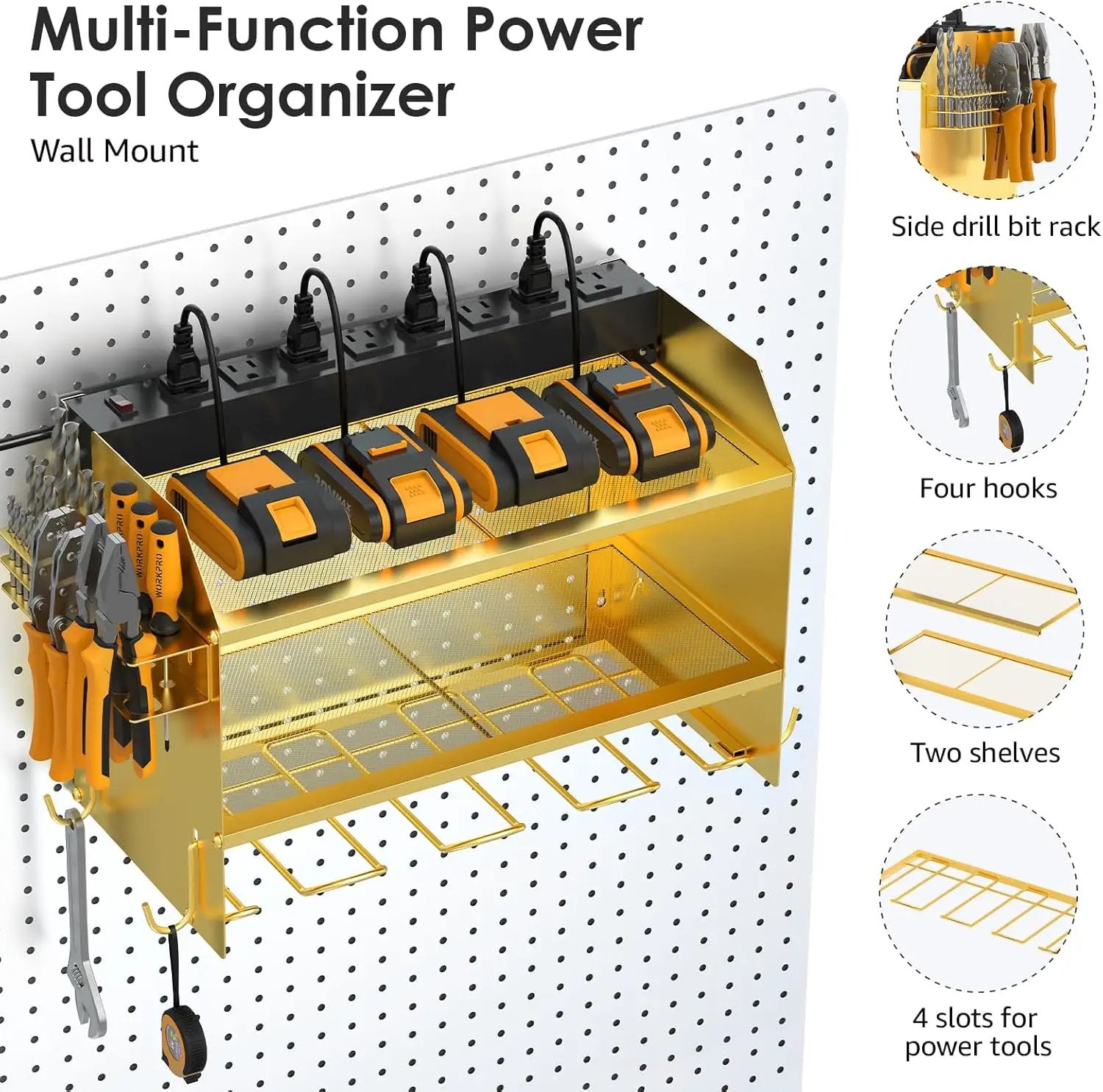 CCCEI Modular Power Tool Organizer Wall Mount with Charging Station. Garage 4 Drill Storage Shelf with Hooks, Drill Bit Heavy Duty Rack, Gold Tool Battery Holder Built in 8 Outlet Power Strip. by GreenHaven Gardens