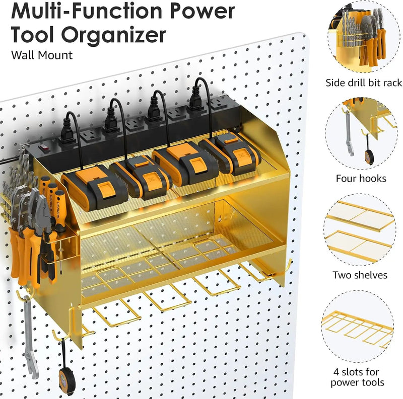 CCCEI Modular Power Tool Organizer Wall Mount with Charging Station. Garage 4 Drill Storage Shelf with Hooks, Drill Bit Heavy Duty Rack, Gold Tool Battery Holder Built in 8 Outlet Power Strip. by GreenHaven Gardens