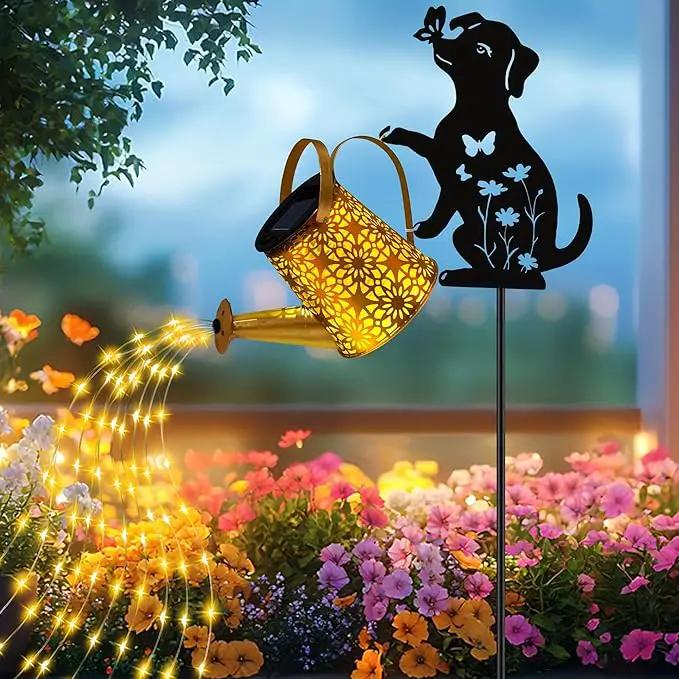 Solar Lights Outdoor Decorative, Watering Can with Cascading Lights, with Dog Silhouette Garden Stakes, Waterproof Metal Garden Decor for Yard Art, Outside, Patio, Lawn Ornaments by GreenHaven Gardens