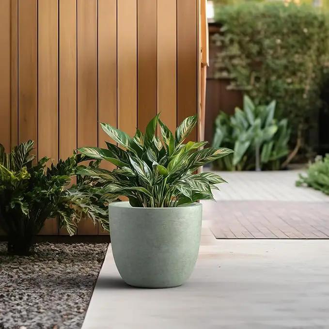 Kante 14 Inch Dia Round Concrete Planter, Indoor Outdoor Large Plant Pot with Drainage Hole and Rubber Plug for Home Patio Garden, Mint Green by GreenHaven Gardens
