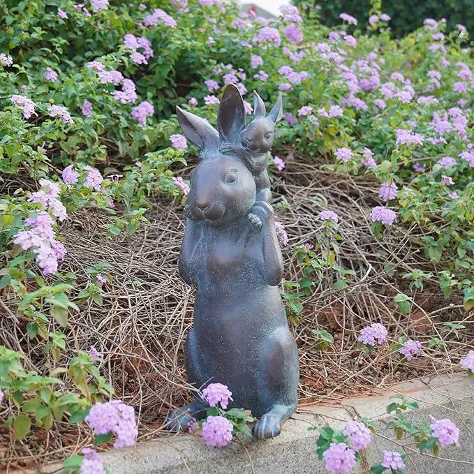 Rabbit Garden Statues Bunny Decorations - Easter Bunny Father with Baby Figurine Easter Gift Dark Gray Garden Spring Bunny Sulpture for Yard Framhouse Outdoor Décor 7*5.25*15.25 in Newman House Studio by GreenHaven Gardens