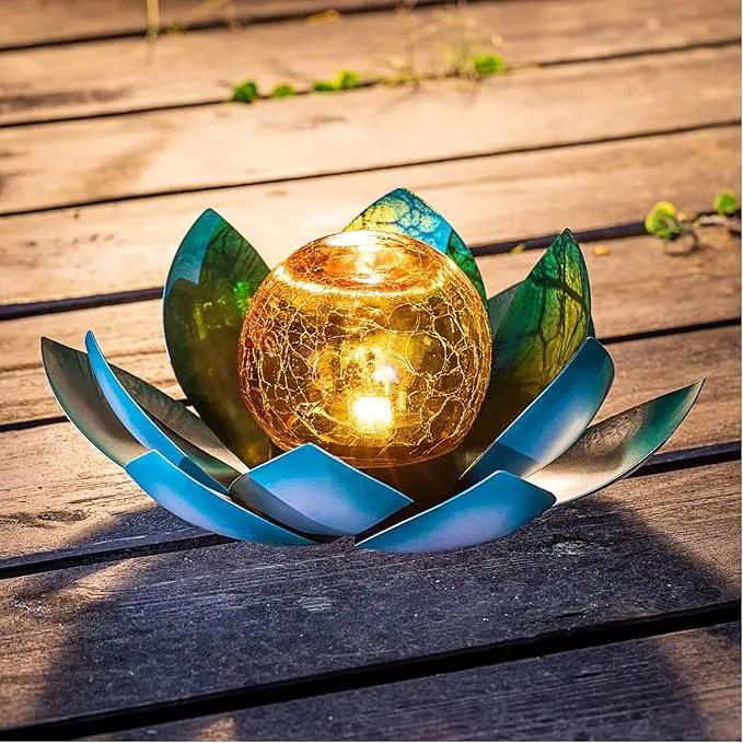 Huaxu Solar Light Outdoor Garden Decor Blue Metal Crackle Globe Glass Waterproof LED Lotus Flower Table Lamp Decorations for Patio Yard Porch Pathway Ground by GreenHaven Gardens