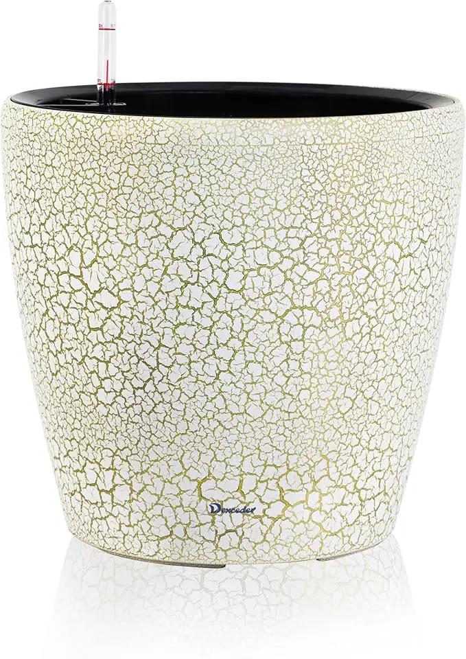 Dexceder 15x14 Self Watering Planter with Wheels Indoor Outdoor, Inner Pot Design, Thickened Large Floor Standing Flower Plant Pot with Water Level Indicator (White Gold Crackle) by GreenHaven Gardens
