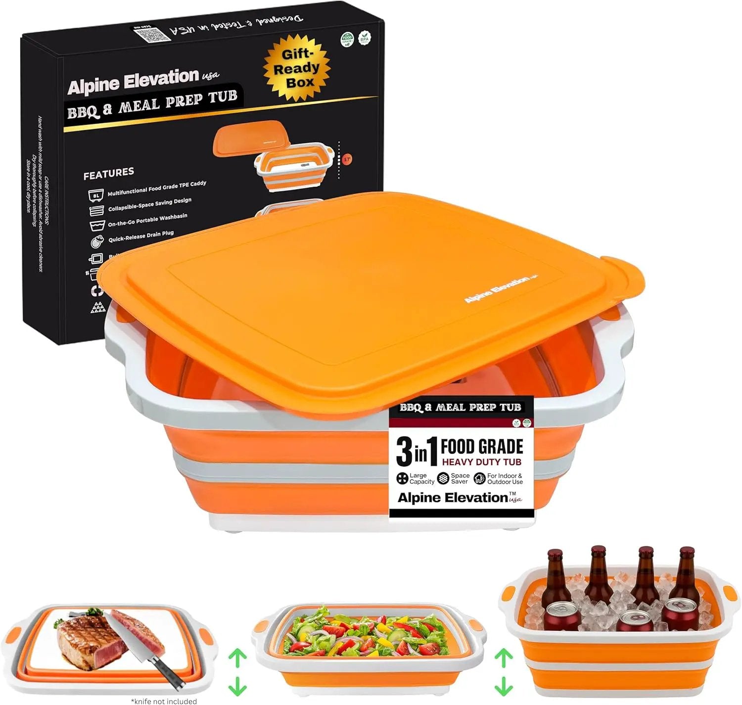 Collapsible Large (8L) BBQ Marinating Tub w/Cutting Board | Multipurpose Food-Grade TPE Prep Tub w/Lid | Built-in Colander & Drain Plug - for Camping | Tailgate | Picnic - Bold Orange by GreenHaven Gardens